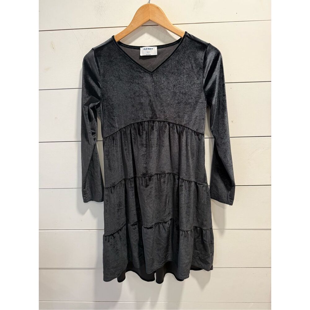 Old Navy Girls Black Velvet Tiered Dress Sz 14 XL